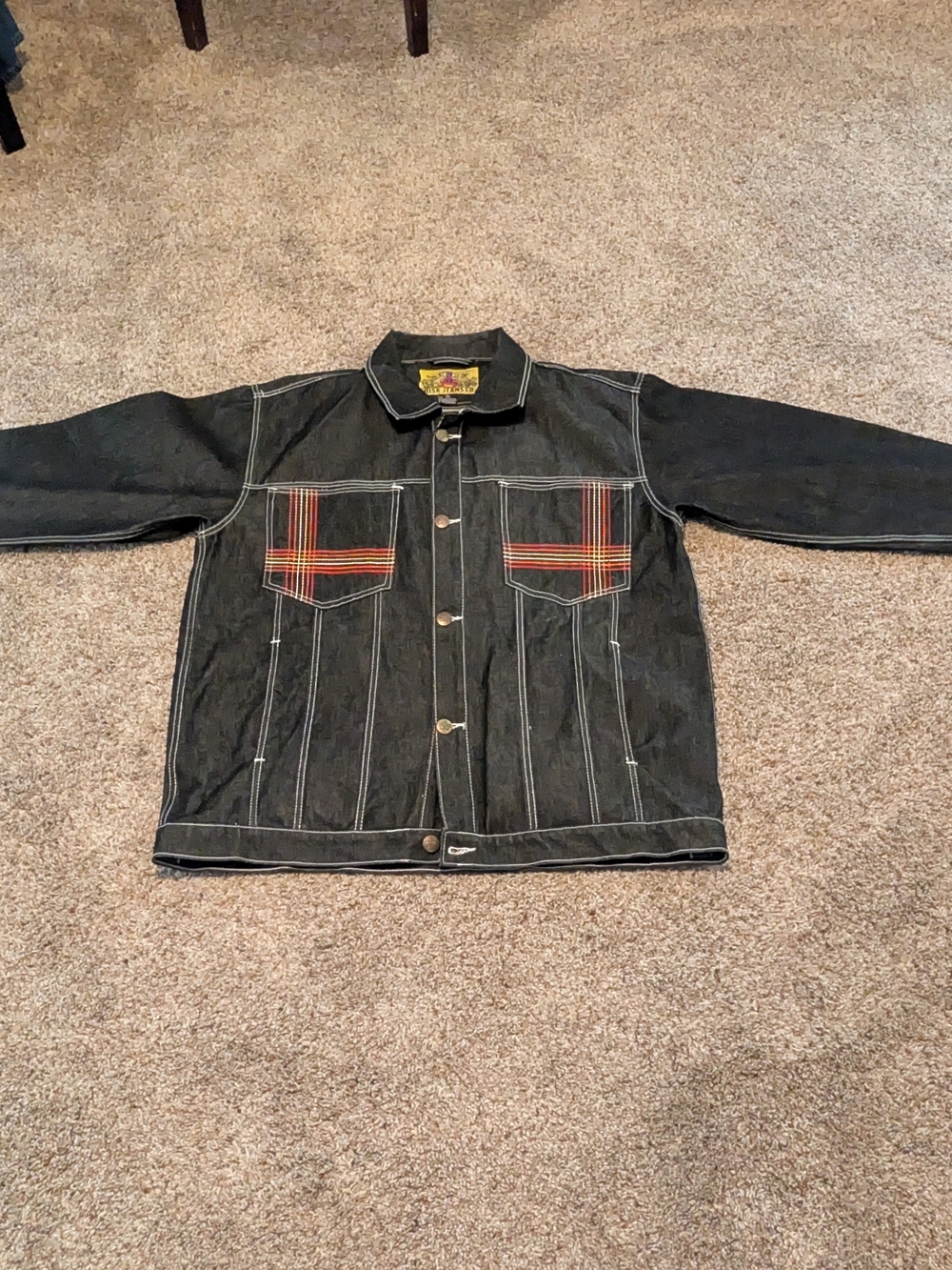 Black Denim Jacket with Red Plaid Pocket Trim - Men's Lightweight Shirt Jacket